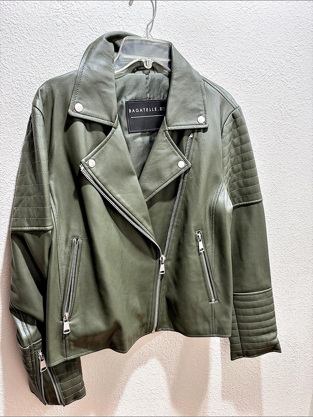 Moto Jacket in Loden Green with silver zippers and snaps, NEW.